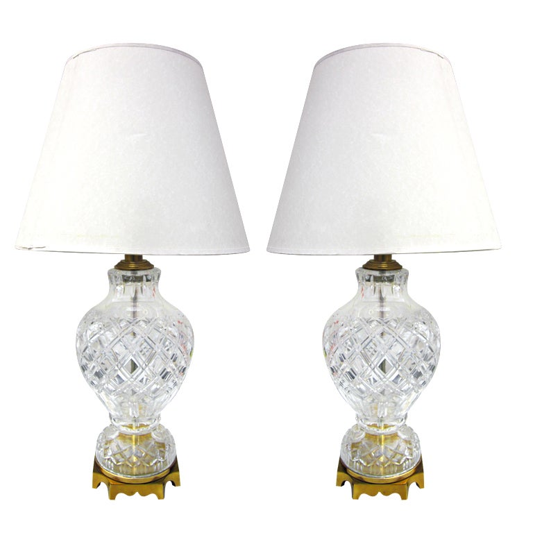 Pair of Cut Crystal and Brass Lamps For Sale at 1stdibs