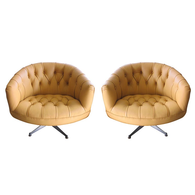 Pair of Ward Bennett Tufted Swivel Lounge Chairs