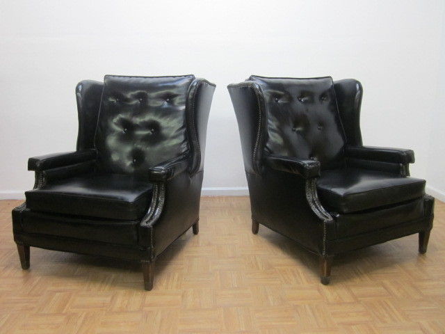 Pair Antique Style Wingback Tufted Chairs