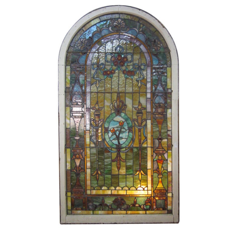 Large Leaded Stained Glass Arched Mirror
