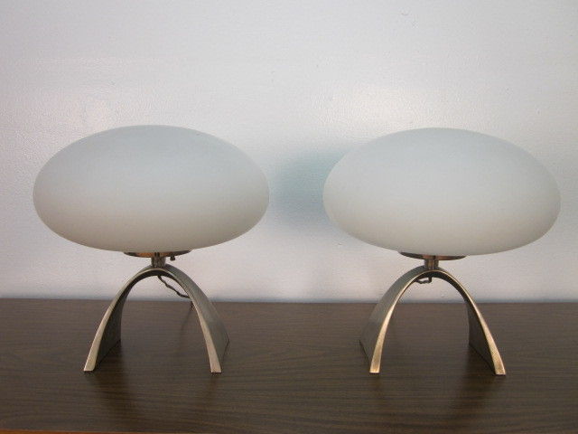 Pair Laurel Mushroom lamps.  Well made shades with brushed chrome base.