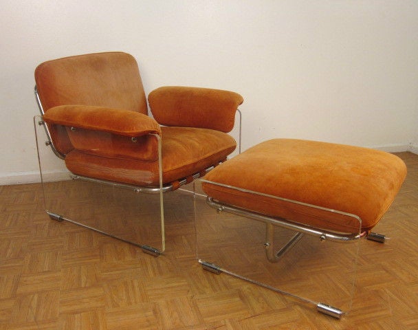 Italian Lucite & Upholstered Chair with Ottoman