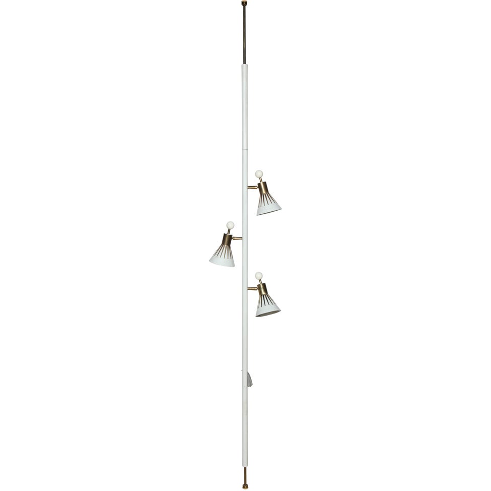 Stiffel Raymond Loewy Style White & Brass Three Shade Extension Pole Lamp, 1950s