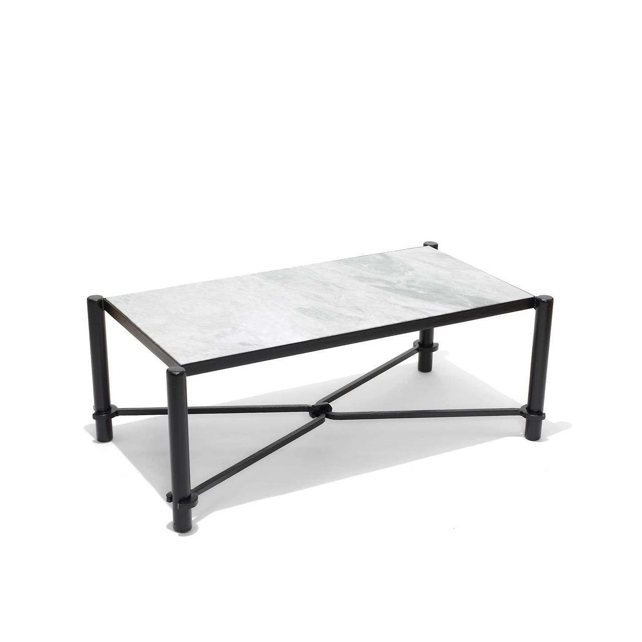 Mid-Century Modern Coffee Table with Horse-Tack Styling in Iron and Marble by Jacques Adnet For Sale