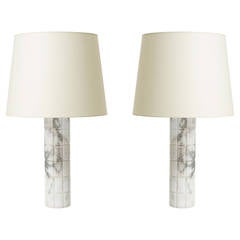 Pair of Table Lamps in Marble with Carved Grid by Bergboms