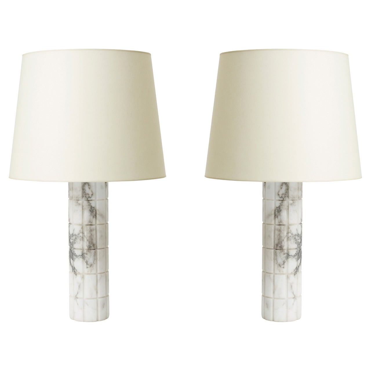 Pair of Table Lamps in Marble with Carved Grid by Bergboms