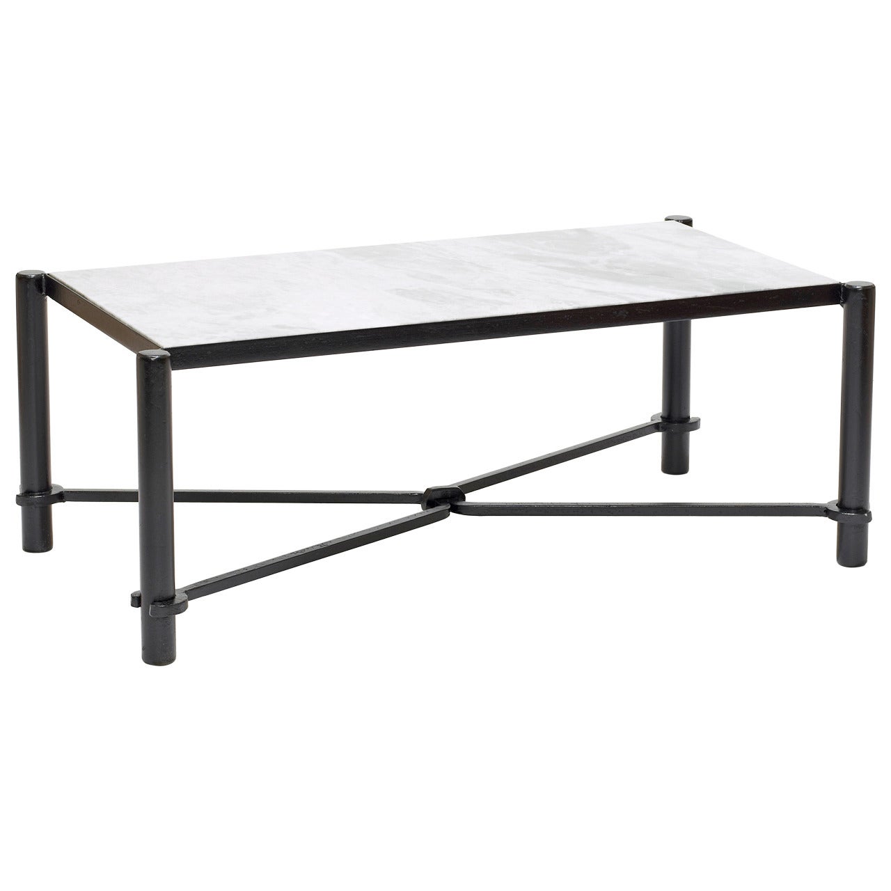 Coffee Table with Horse-Tack Styling in Iron and Marble by Jacques Adnet For Sale