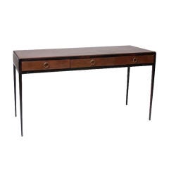 Vintage Iron and leather covered oak 3 drawer desk by Jean-Michel Frank