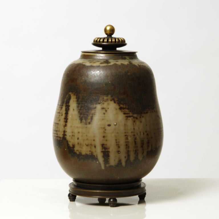 Danish Unique vase with bronze lid and stand by Patrick Nordström For Sale