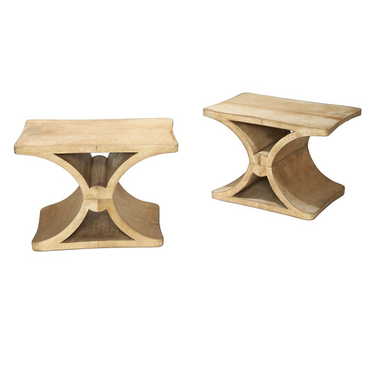 Pair x-form tables in parchment over oak by Jean-Michel Frank