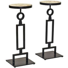 Pair of Stands/Gueridons/Pedestals in Iron and Travertine by Marc Du Plantier
