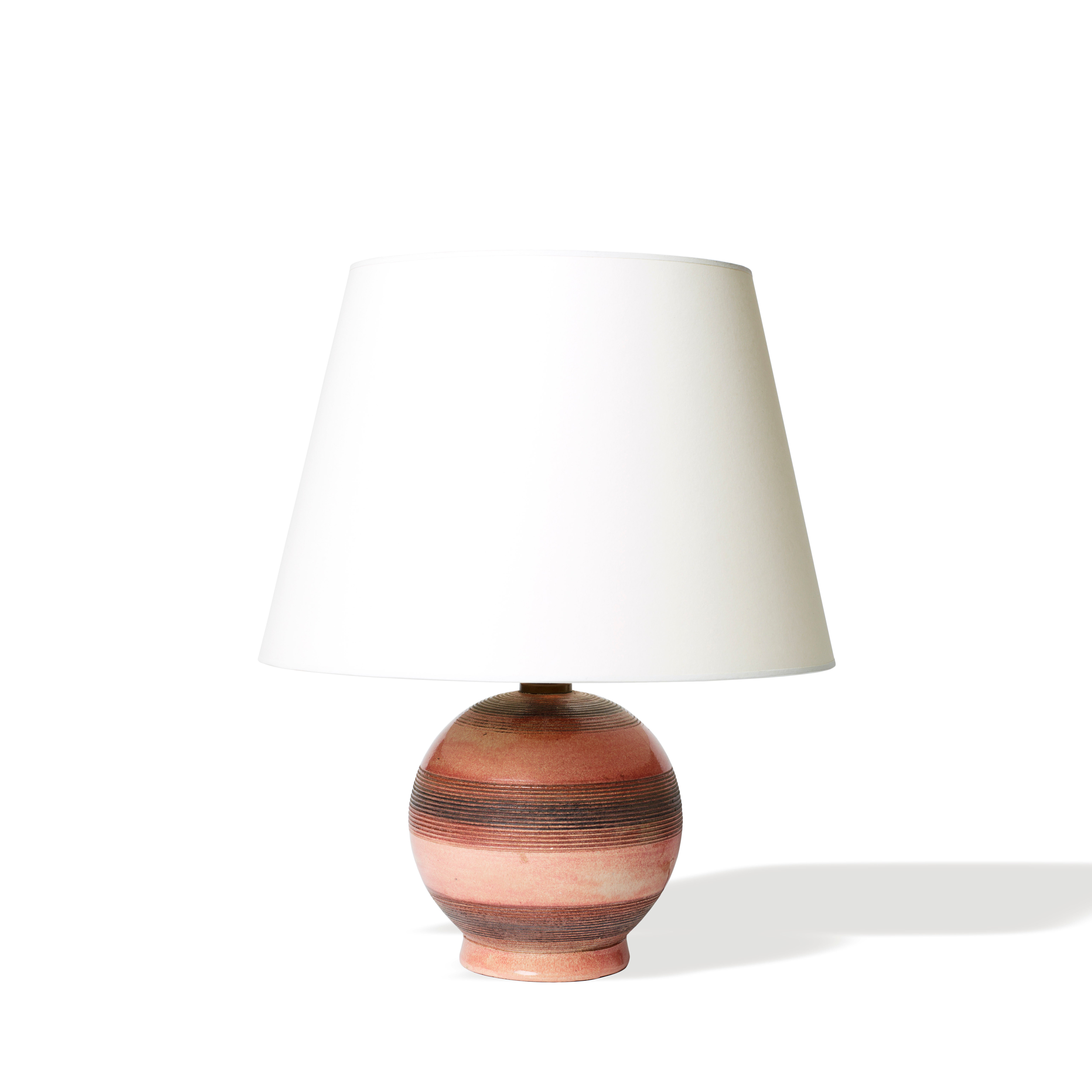 Table Lamp In Ceramic With Incised Bands And Rose Glaze By Jacques Adnet For Sale