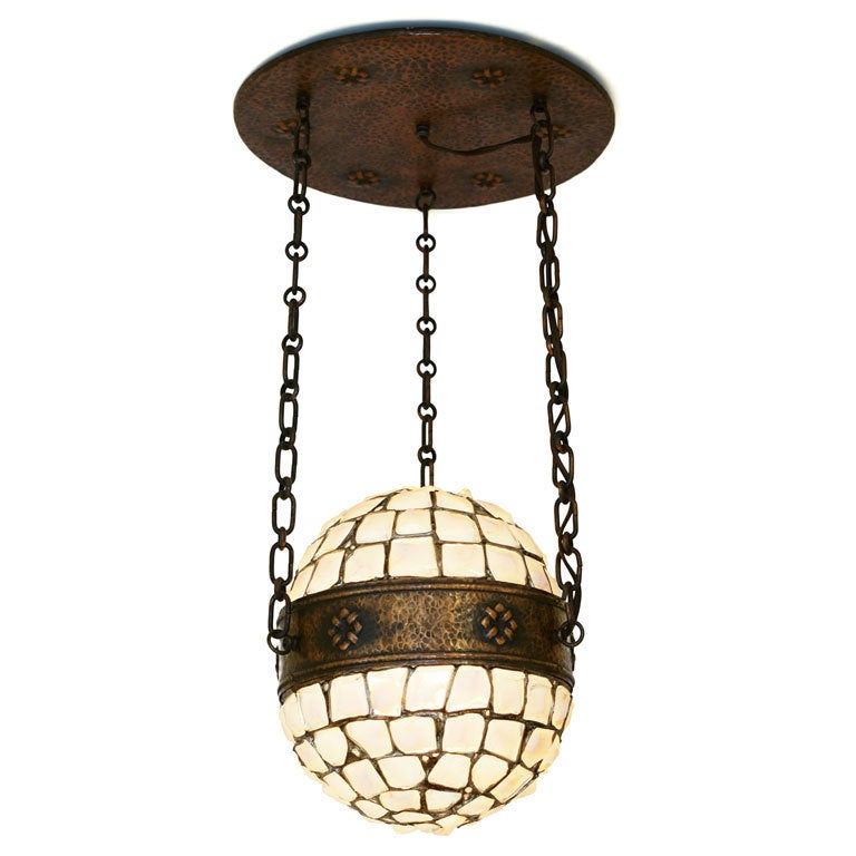 Swedish Arts and Crafts Hanging Fixture in Art Glass and Bronze