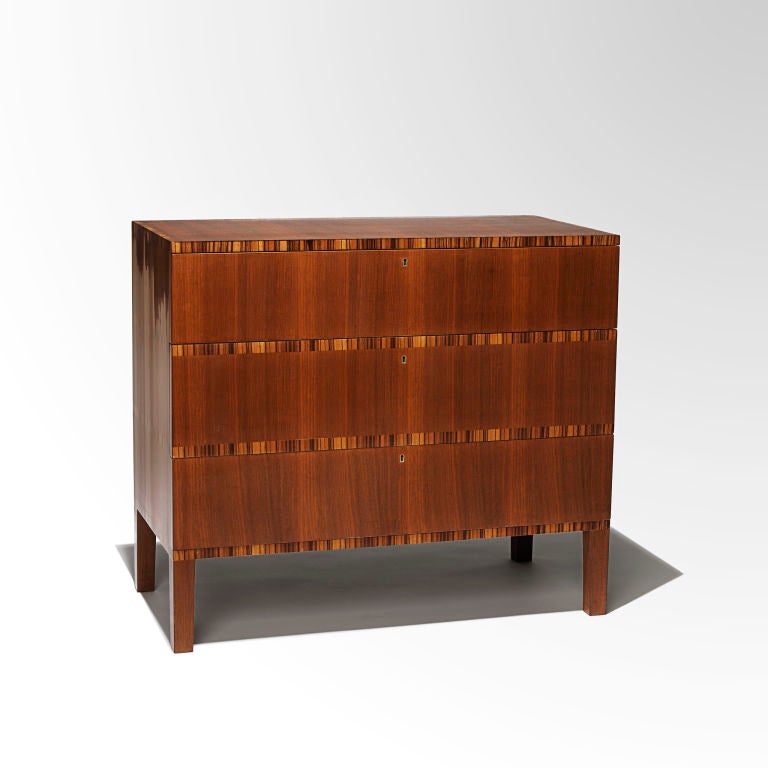 This stunning and finely crafted chest of drawers in macassar ebony and mahogany was designed by Margareta Köhler (nee Blomberg (1901-1974), later a member of the the firm Futurum, a leading proponent of modern interior design in Stockholm. The
