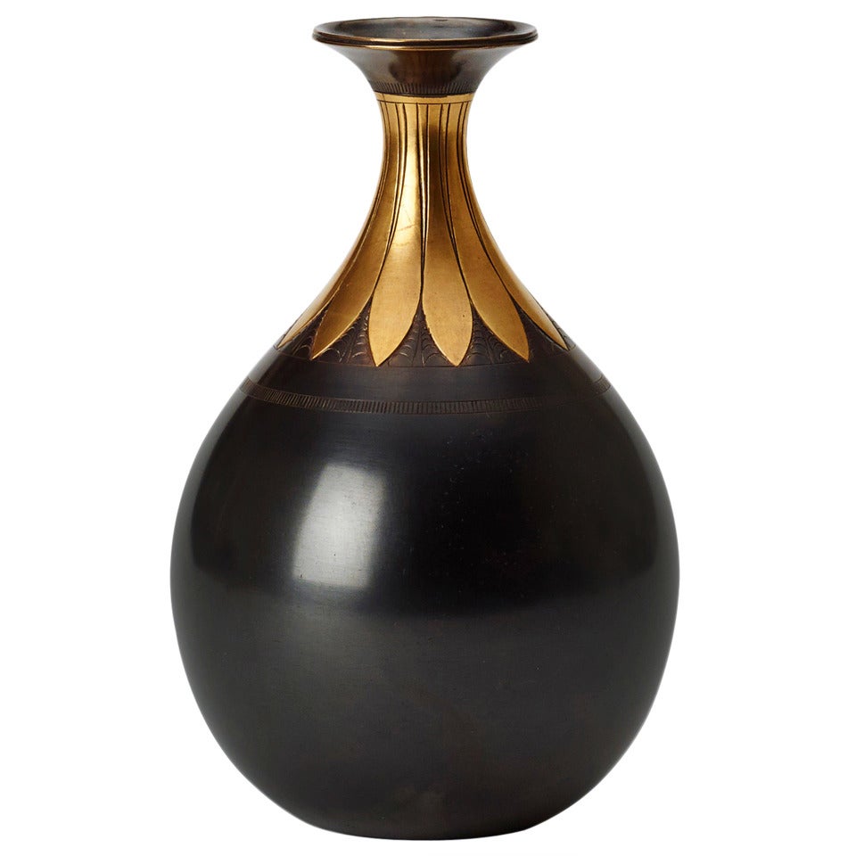 Elegant Vase with Engraved Lotus Pattern in Bronze by Just Andersen