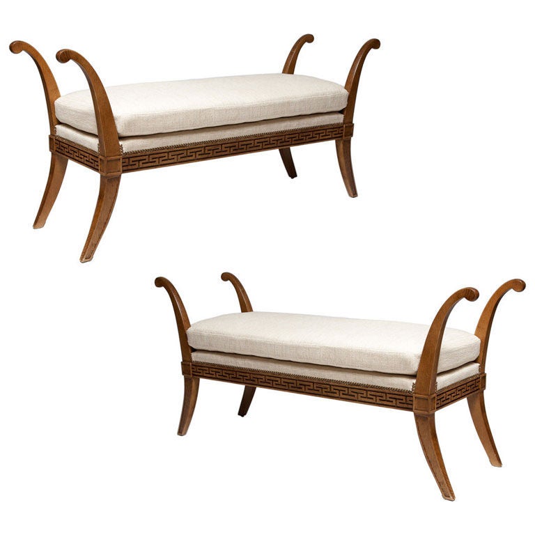 Pair benches in oak by Emilio Terry for Jean-Michel Frank For Sale