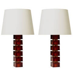 Pair of Table Lamps with Stacked Whiskey-Hued Blocks by Carl Fagerlund