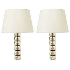 Pair of Lamps in Glass and Brass by Carl Fagerlund for Orrefors