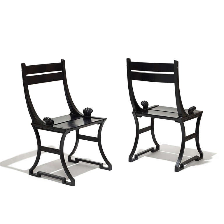 Rare pair of Modern Classicism Trädgårdsmöbeln N:2 chairs in painted cast iron with lacquered wood seats and backs by Folke Bensow (1886-1971) for the 
Näfveqvarns Bruk (Foundry), Sweden, 1920s. (cf.: Christian Björk, Näfveqvarns Bruk Konstnärer