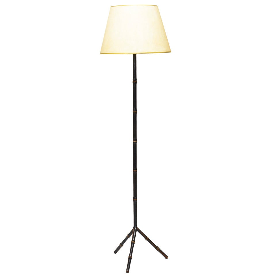 "Bambou" Standing Lamp in Stitched Leather and Brass by Jacques Adnet For Sale