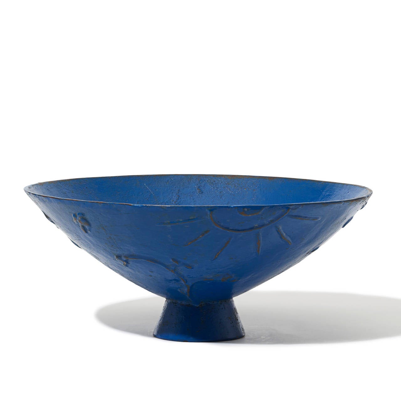 “Mikrokosmos” (“Microcosm”) urn designed by Olof Hult (1892-1962) for Nafveqvarns Bruk, in cast iron with original ultramarine blue paint, Sweden, designed 1922, executed 1923-early 1930s. A microcosm, the relief depictions include the Sun, Moon, a