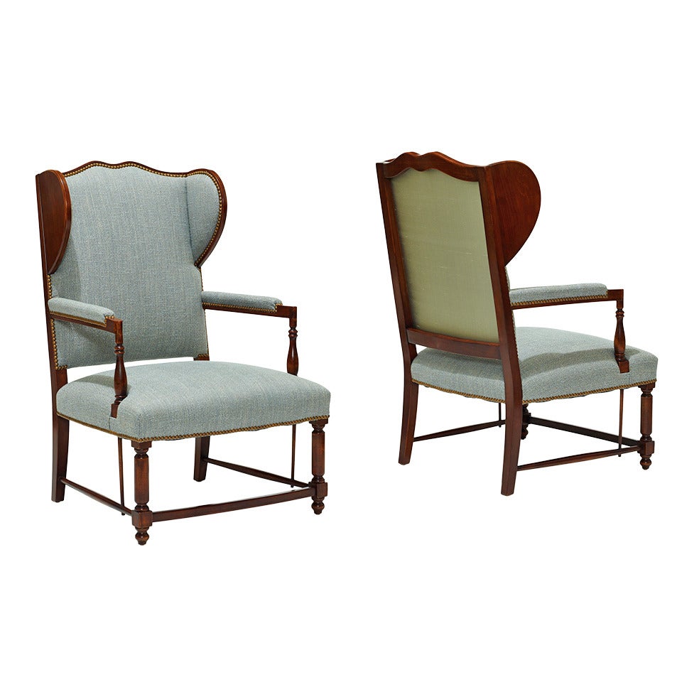 Pair of Swedish Wingback Armchairs with Birch Frames For Sale