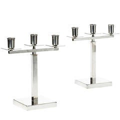 Pair of Functionalist Candleholders in Silver Plate by Rolf Engströmer