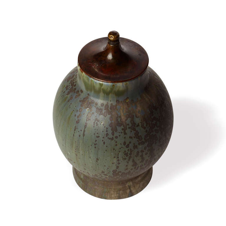 Arts and Crafts Virtuosically Glazed Stoneware Jar with Bronze Lid by Patrick Nordström For Sale