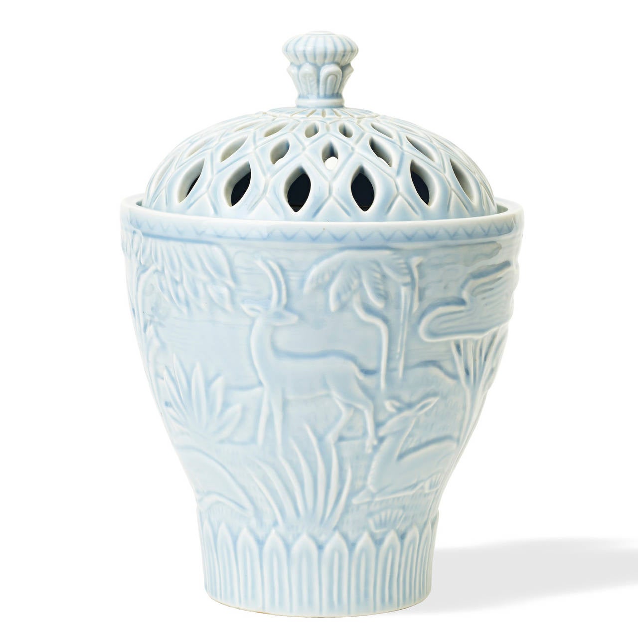 Urn with perforated lid by designed by Gunnar Nylund (1904-1997) for Rörstrand, in stoneware with celadon-light blue glaze, Sweden, 1940s.

Drawing inspirations from the form of an 18th century potpourri bowl, this exquisite and thoughtfully