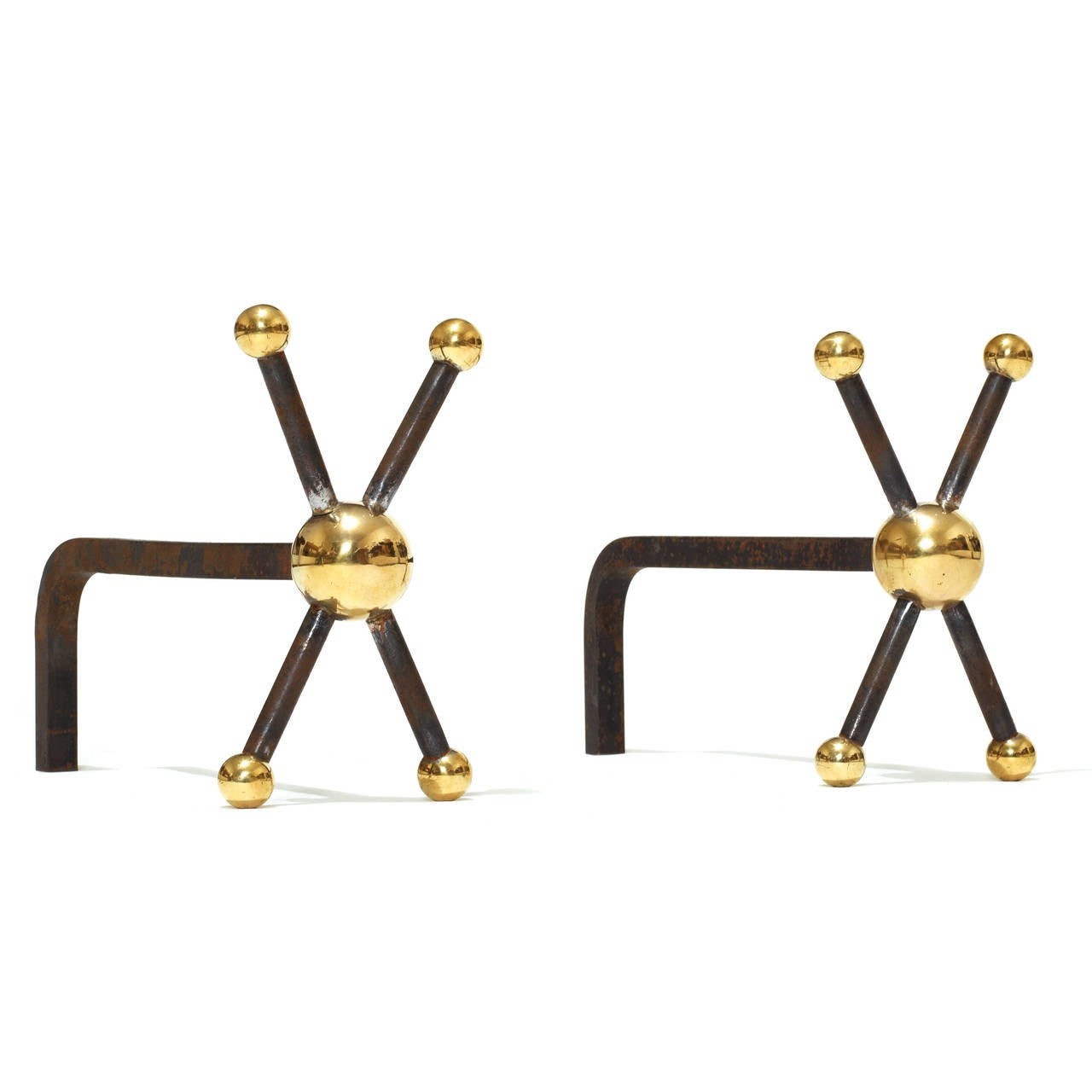 Rare pair of andirons with brass spheres arranged in a quincunx formation by Jean Royère (1902-1984), in wrought iron and brass.