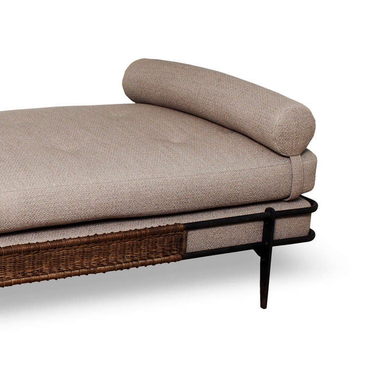 Daybed by Mathieu Matégot (1910-2001), in enameled metal, with woven wicker panels and upholstery, France 1950s.

cf.: Philipe Jousse and Caroline Mondineu, Mathieu Matégot, Paris, Jousse Entreprise, 2003, pg. 183 (model depicted with headboard