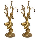Vintage Pair of French Art Nouveau Figural Lamps by Marcel Debut