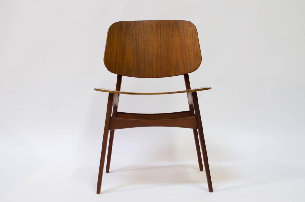 Rare and amazingly comfortable set of six dining chairs designed by Danish master, Børge Mogensen for Soborg Furniture, model number #155. Stunning design with impressive wood joinery.