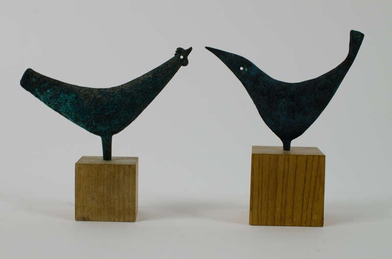 Amazing pair of modernist bronze birds circa 1960's Japan. Labeled 