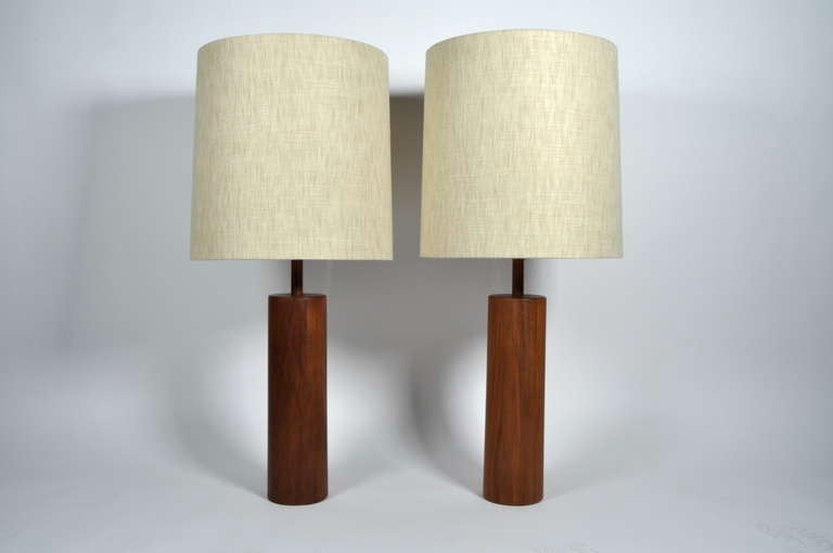 Rare Martz solid walnut table lamps for Marshall Studios. All original shades newly restored. Dramatic wood grains. Stunning examples.