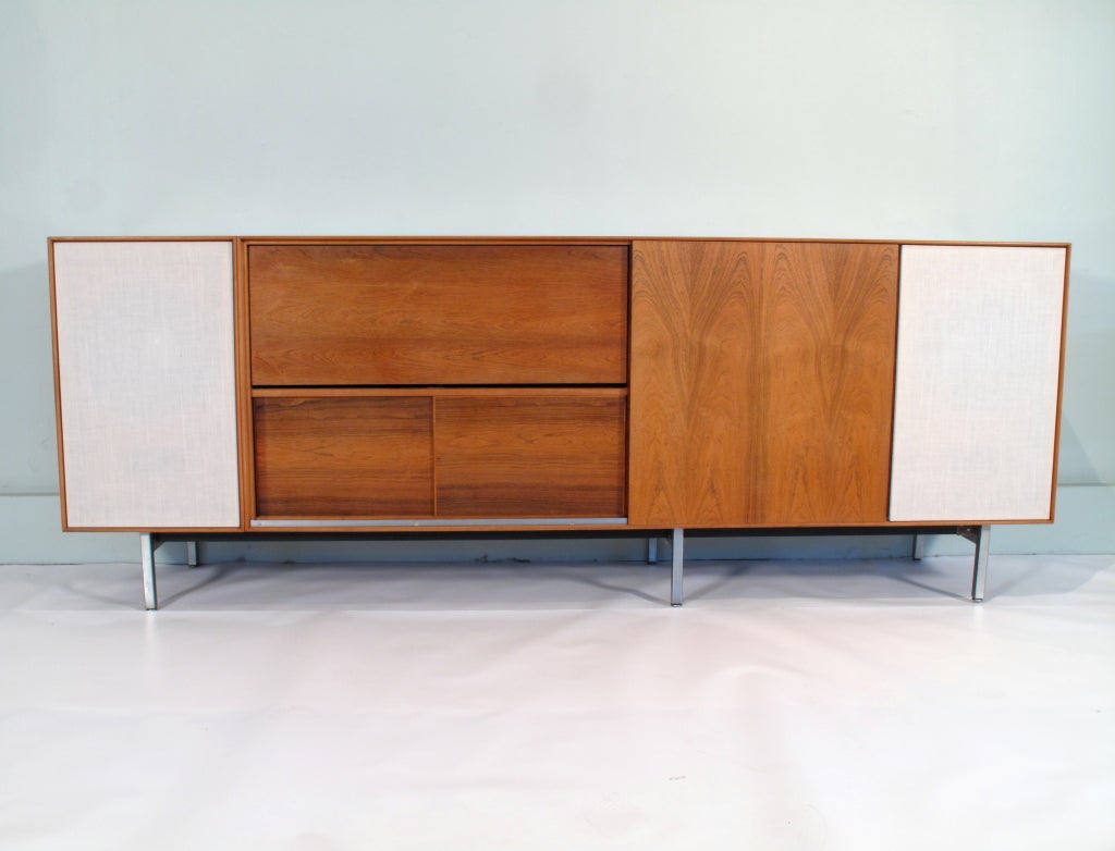 Custom one-of-a-kind George Nelson thin edge rosewood stereo cabinet. Components include a JVC receiver Garrard phono player Viking reel to reel and a pair of 15