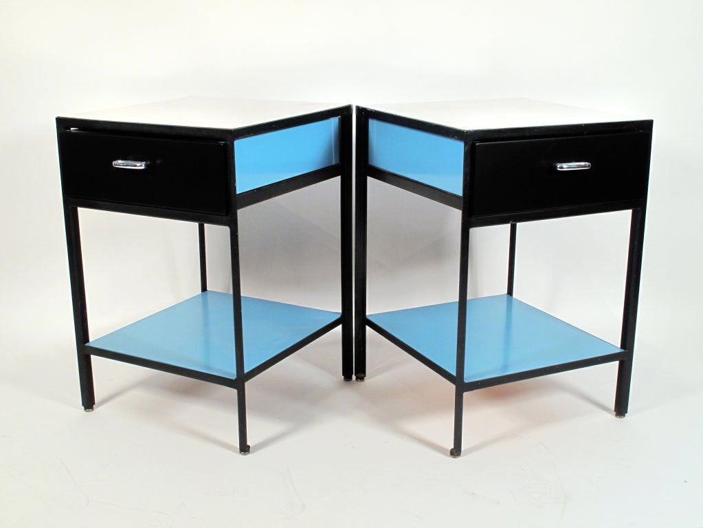 Rare pair of steel frame Nightstands/Side tables designed by George Nelson for Herman Miller. Signed with original label.