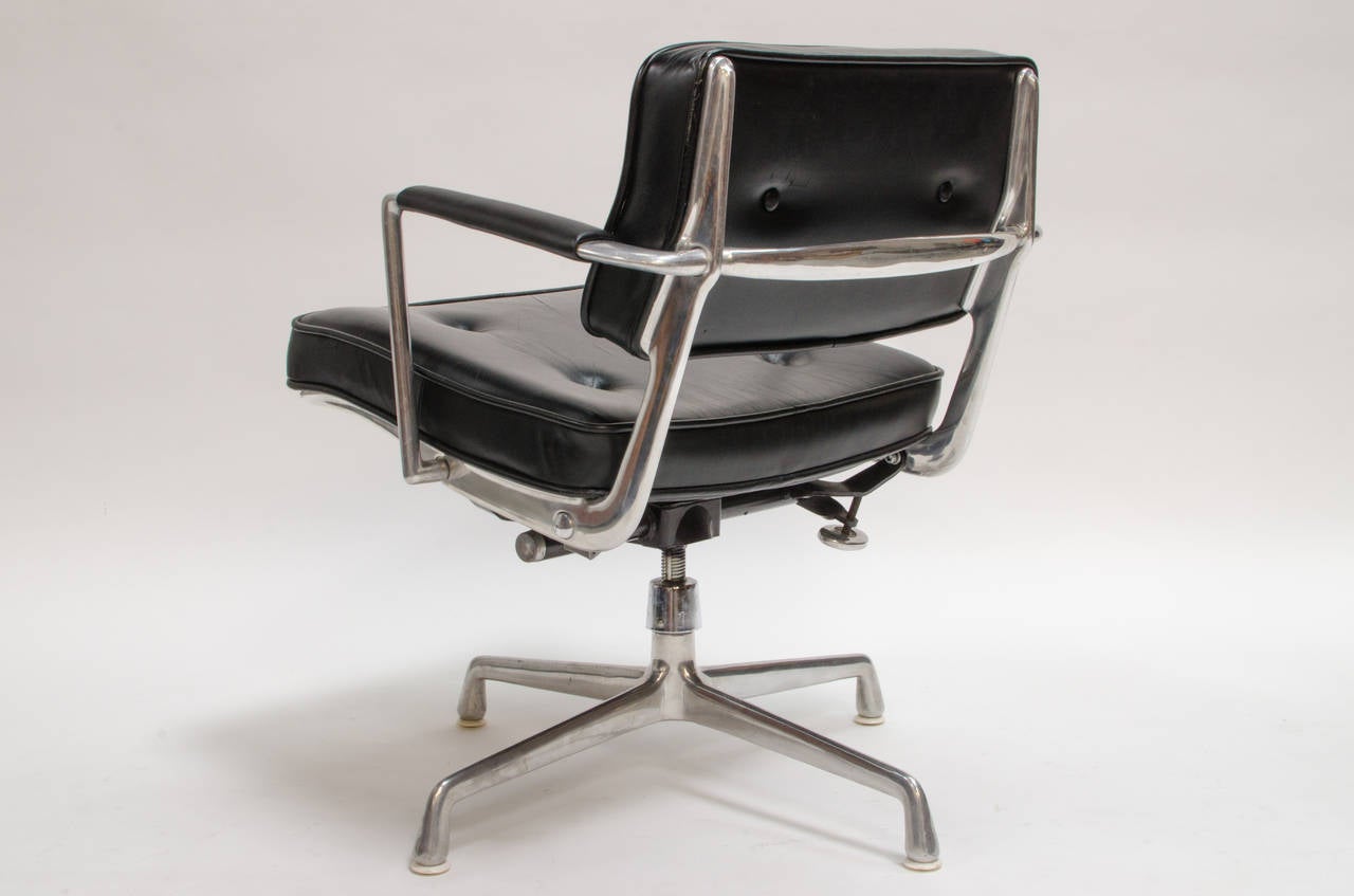 Exceedingly rare leather desk or task chair designed by Charles and Ray Eames for Herman Miller, circa 1968. This chair was only made for a very short time (three years) due to a high production cost of the intricate aluminum frame. Even more rare
