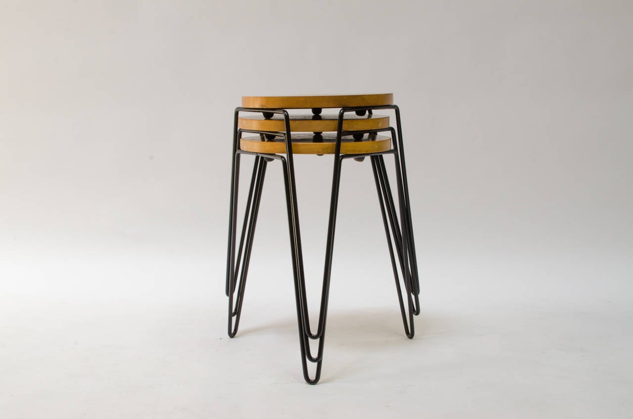Mid-Century Modern Rare Florence Knoll Hairpin Stacking Stools, 1947 For Sale