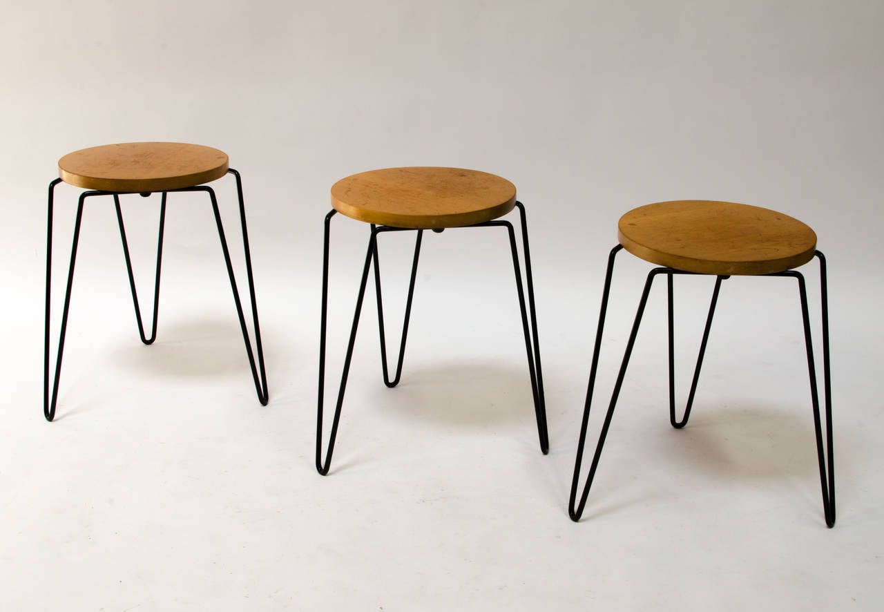 Early set of birch stacking stools designed by Florence Knoll for Knoll, circa 1947. Each stool has its original rubber spacers to protect the wood when stacked.