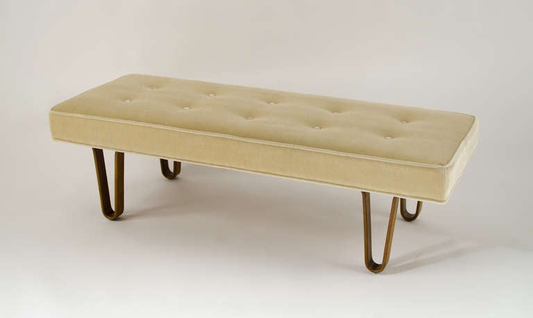 Absolutely stunning Long John bench designed by Edward Wormley for Dunbar. Upholstered in a cream-colored, soft mohair fabric. Signed.