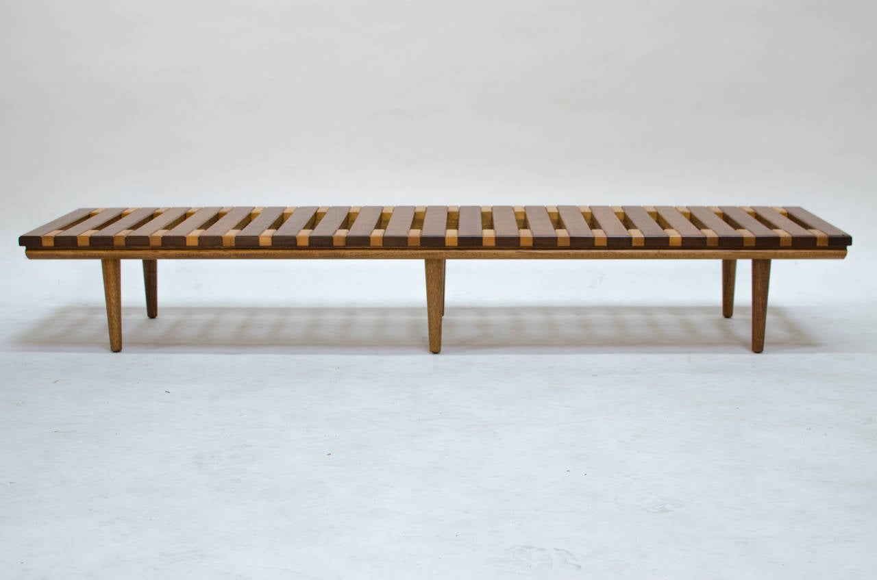 Classic low mahogany slat bench designed by John Keal for Brown Saltman, c.1950s, California.