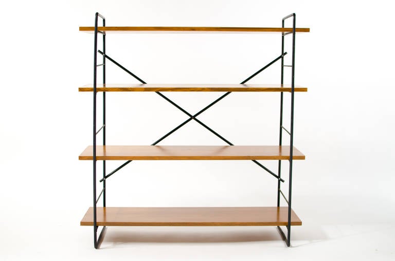Rare iron and wood shelving unit designed by Henry Mittwer, circa 1952.

