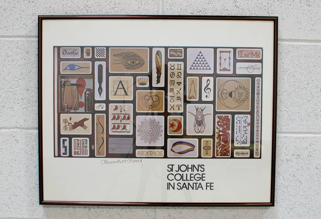 Exceedingly rare print personally signed by Alexander Girard. This image was based on a massive mural Girard designed for the St. Johns College in Santa Fe in 1964. The image depicts the seven branches of education.  

This piece was acquired from