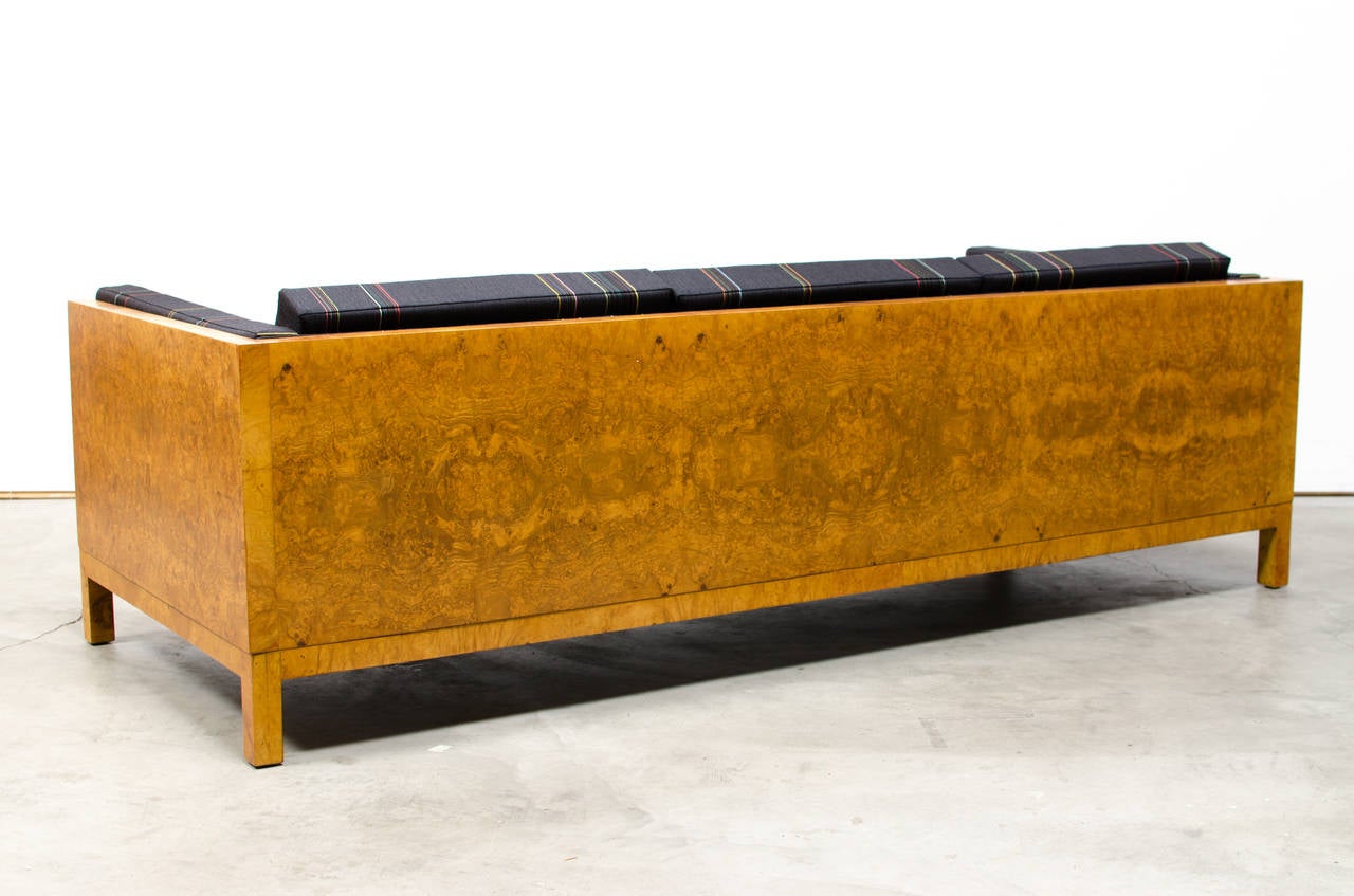 Milo Baughman Burl Case Sofa with Paul Smith Upholstery In Excellent Condition For Sale In Berkeley, CA
