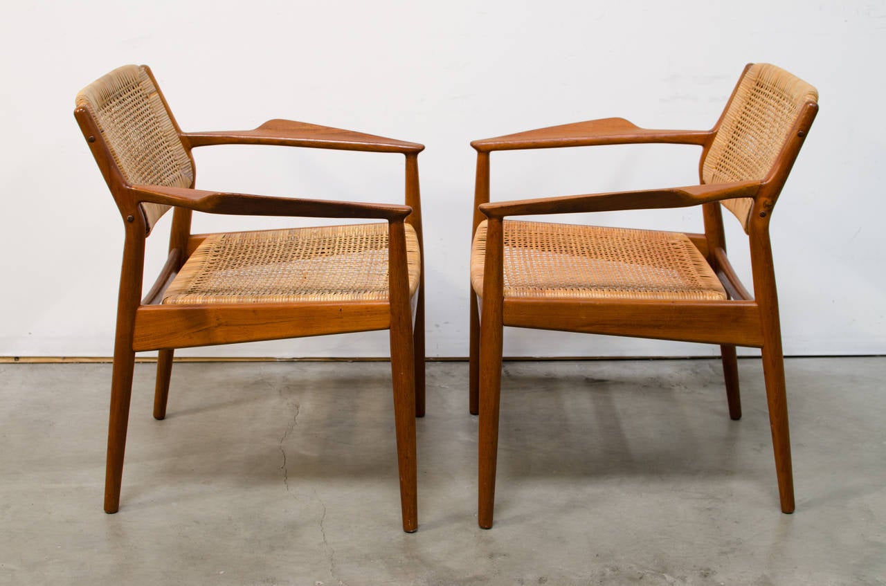 Arne Vodder for Sibast Teak and Cane Armchairs In Excellent Condition For Sale In Berkeley, CA