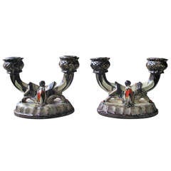 Pair of Ceramic Majolica Art Deco Candelabrums