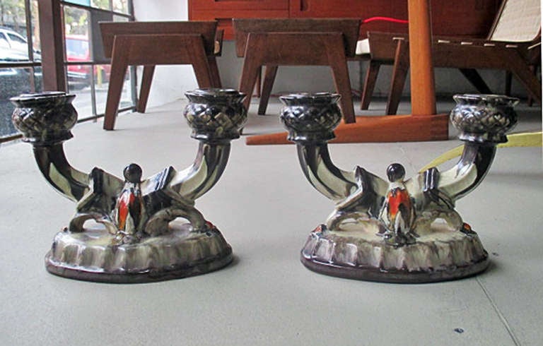 Pair of Ceramic Majolica Art Deco Candelabrums In Excellent Condition In 0, Cuauhtemoc