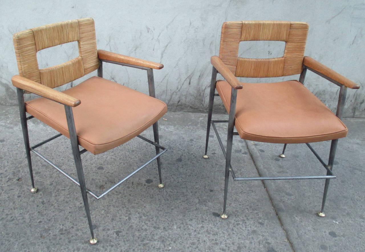 Pair of Midcentury metal and wicker chairs. Bronze, metal, wood and wicker, very heavy metal.