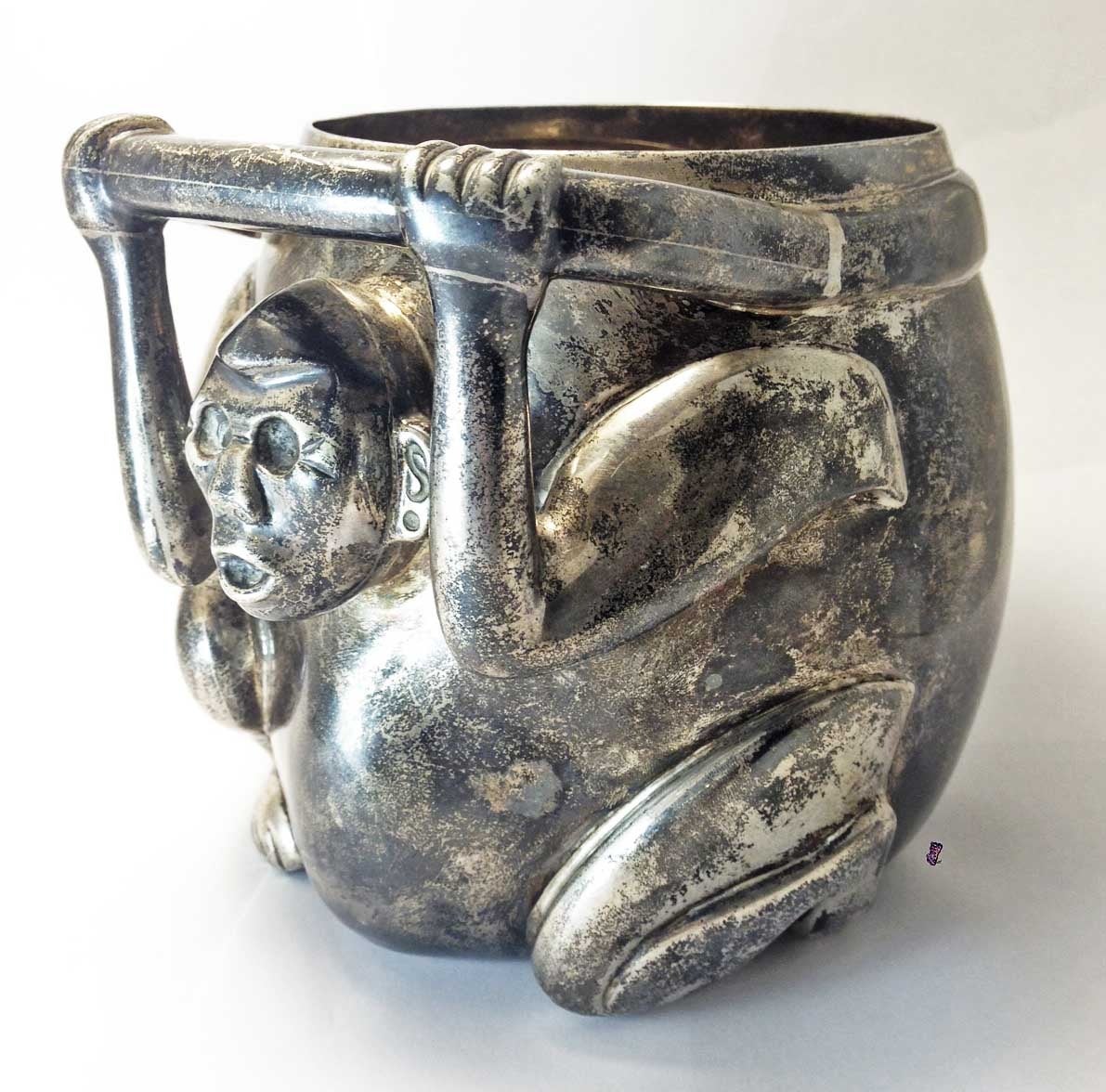 Mexican Tane Sterling Pure Silver Vase or Bowl, Pre Columbian Figure Monkey